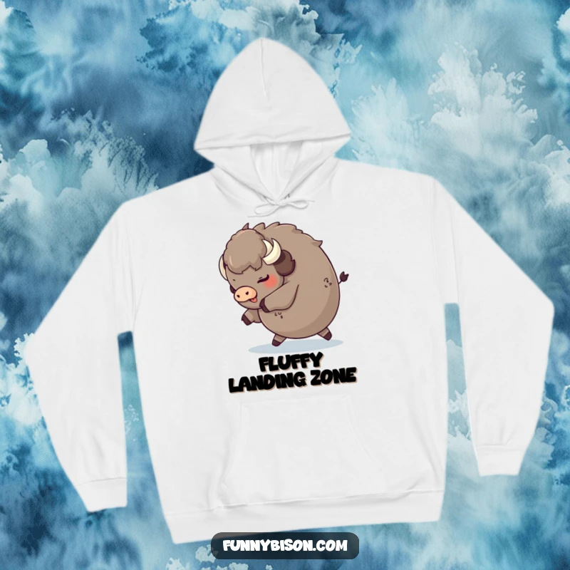 Funny round bison tripping playfully and landing on its fluffy rear, featured on a cozy and humorous hoodie.