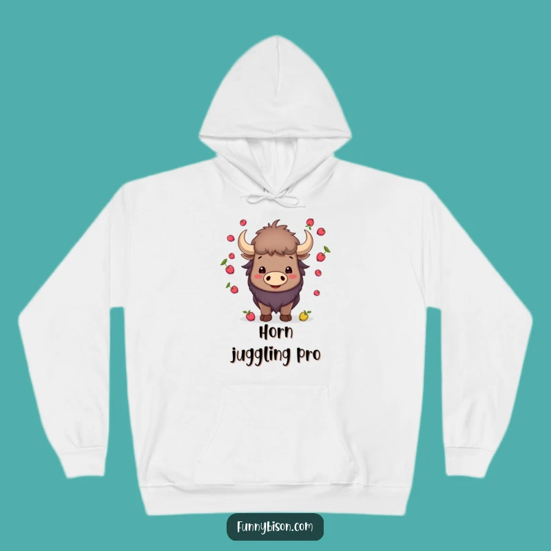 Cozy Funny Smiling Bison Juggling Hoodie - Berry Horns Comfort Bison
