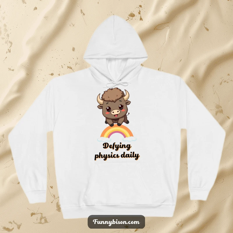 Funny Kawaii bison hoodie depicting a joyful bison mid-leap over a small, stylized rainbow, perfect for cozy humor.