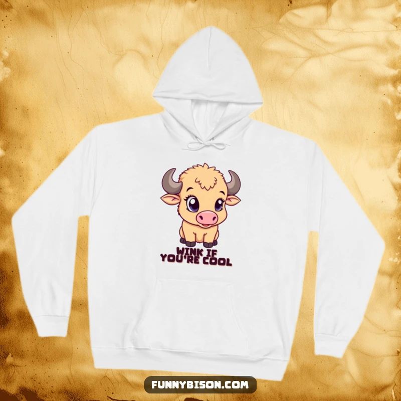 Funny hoodie featuring a sweet bison calf with one large eye playfully winking, exuding charm and warmth.