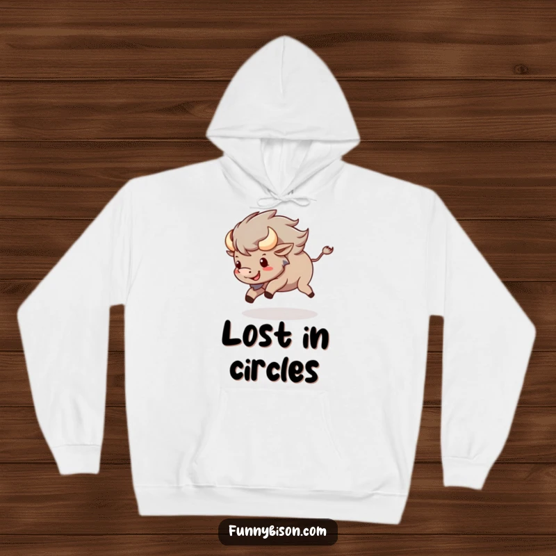 Funny Kawaii bison hoodie depicting a happy bison playfully spinning in circles, chasing its tail, ideal for cozy humor.