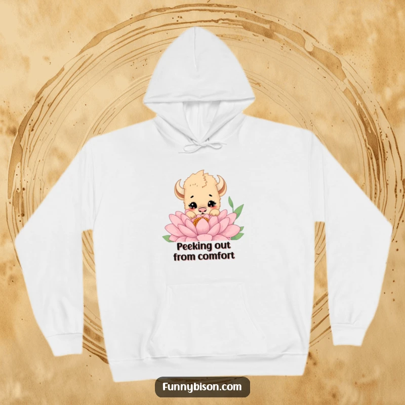 Funny hoodie featuring a sweet bison cub peeking curiously over a large flower, radiating innocence and a sense of discovery.