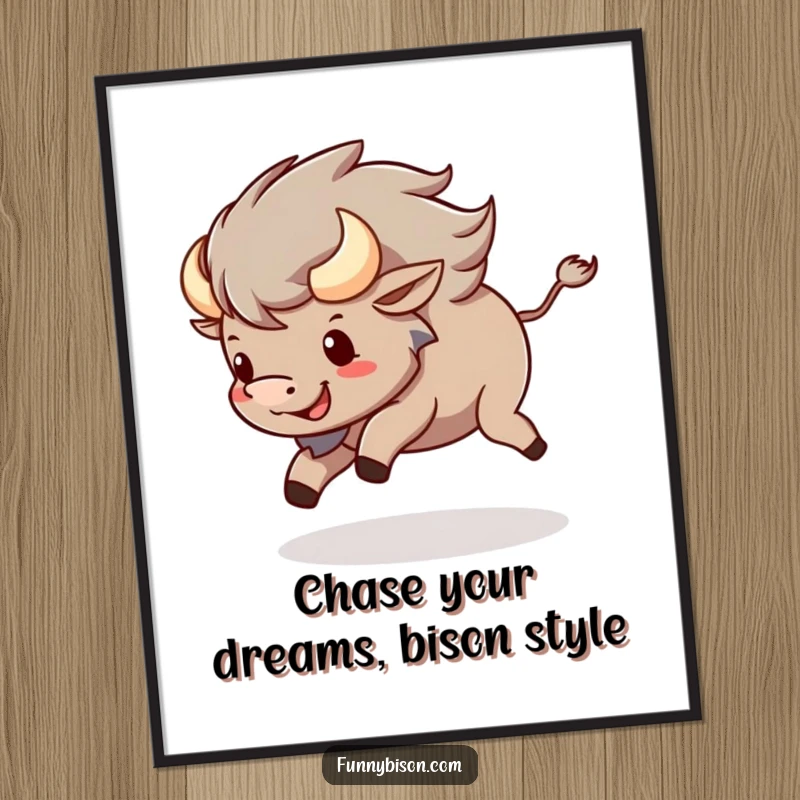 Funny Free Printable Wall Art depicting a happy Kawaii bison with a gleeful expression, playfully chasing its own tail.