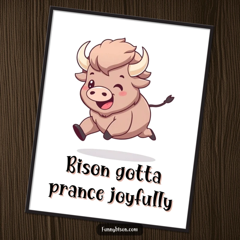 Funny Free Printable Wall Art: A kawaii bison leaping and prancing with exaggerated, infectious happiness.