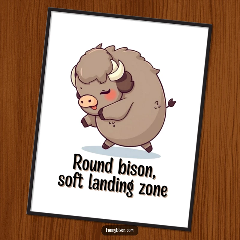 Funny Free Printable Wall Art: A round bison hilariously tripping and landing amusingly on its fluffy rear.