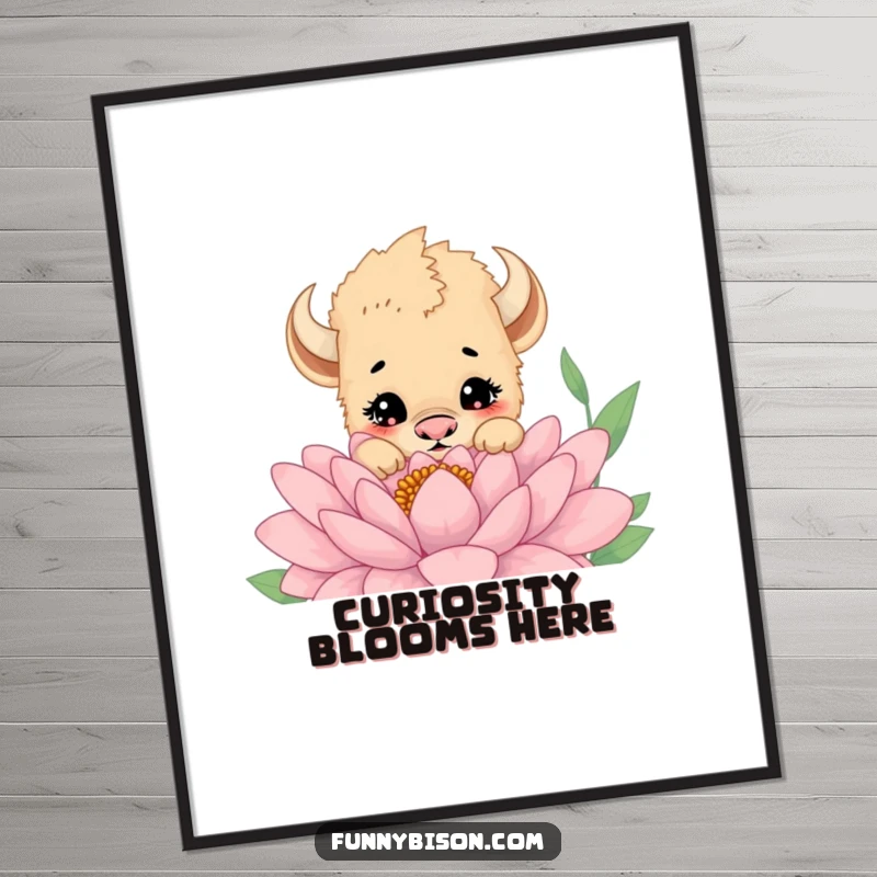 Funny Free Printable Wall Art: A curious bison cub peeking from behind a giant colorful flower. Downloadable whimsical decor.