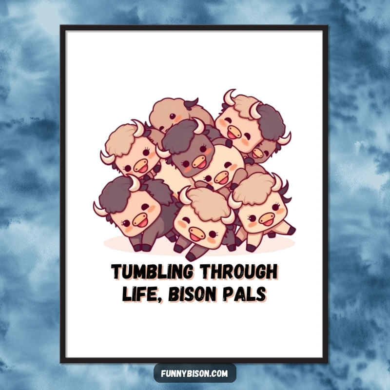 Funny Free Printable Wall Art depicting a small group of adorable Kawaii bison playfully tumbling together in a happy mess.