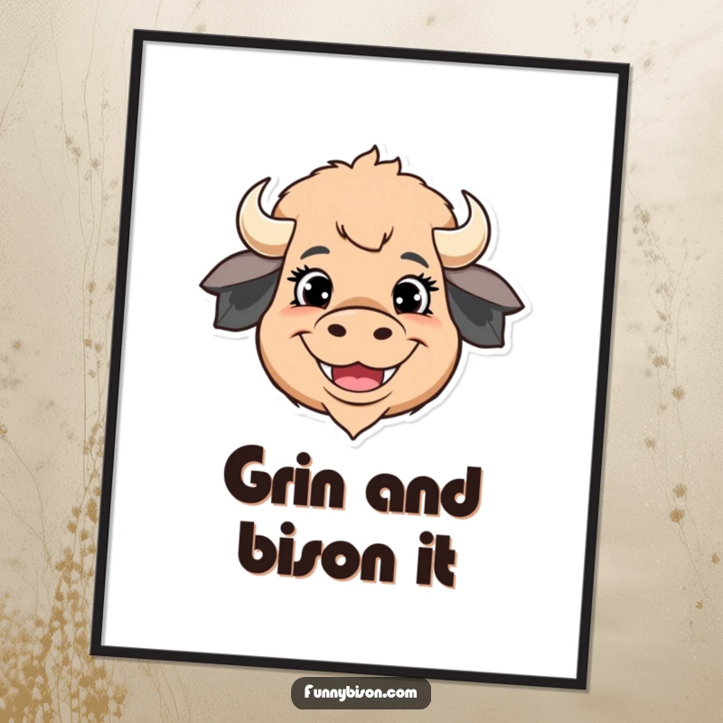 Funny Free Printable Wall Art: a stylized bison head with comically happy eyes and a wide, beaming grin. Downloadable cheerful decor.