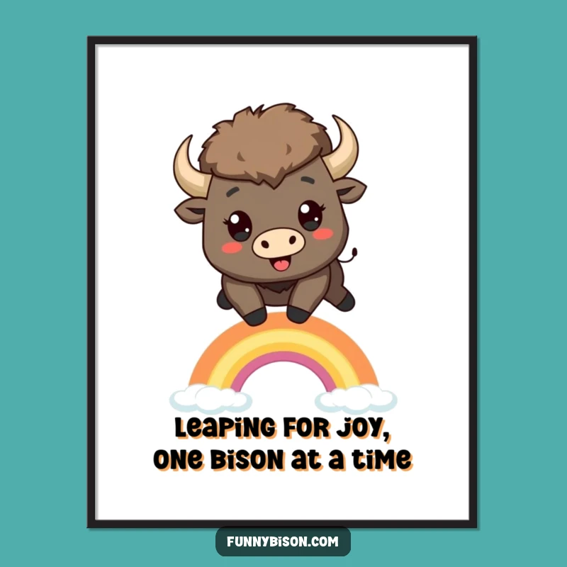 Funny Free Printable Wall Art: Kawaii Bison Rainbow Jump