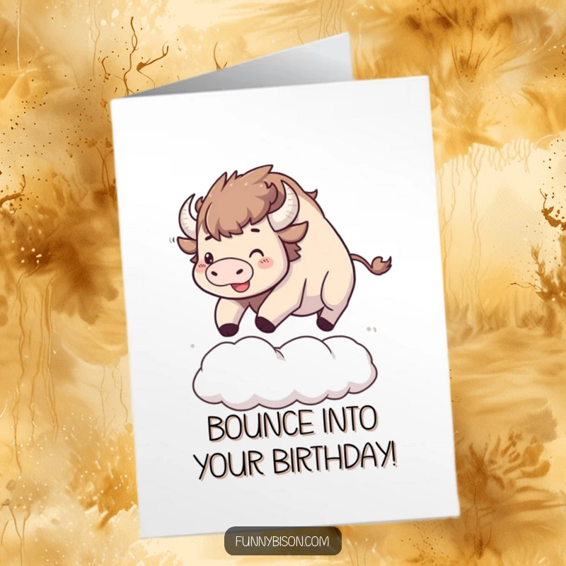 Funny Free Printable Birthday Card showing a Kawaii bison enthusiastically bouncing high on a large, soft, fluffy cloud.