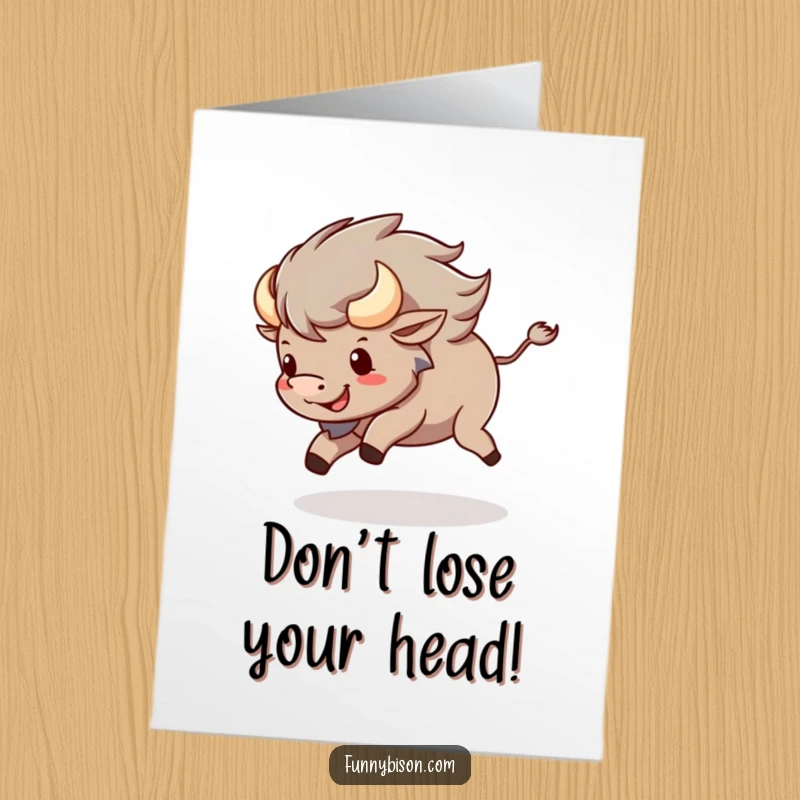 Funny Free Printable Birthday Card showing a dizzy Kawaii bison happily chasing its own tail, perfect for a playful birthday.