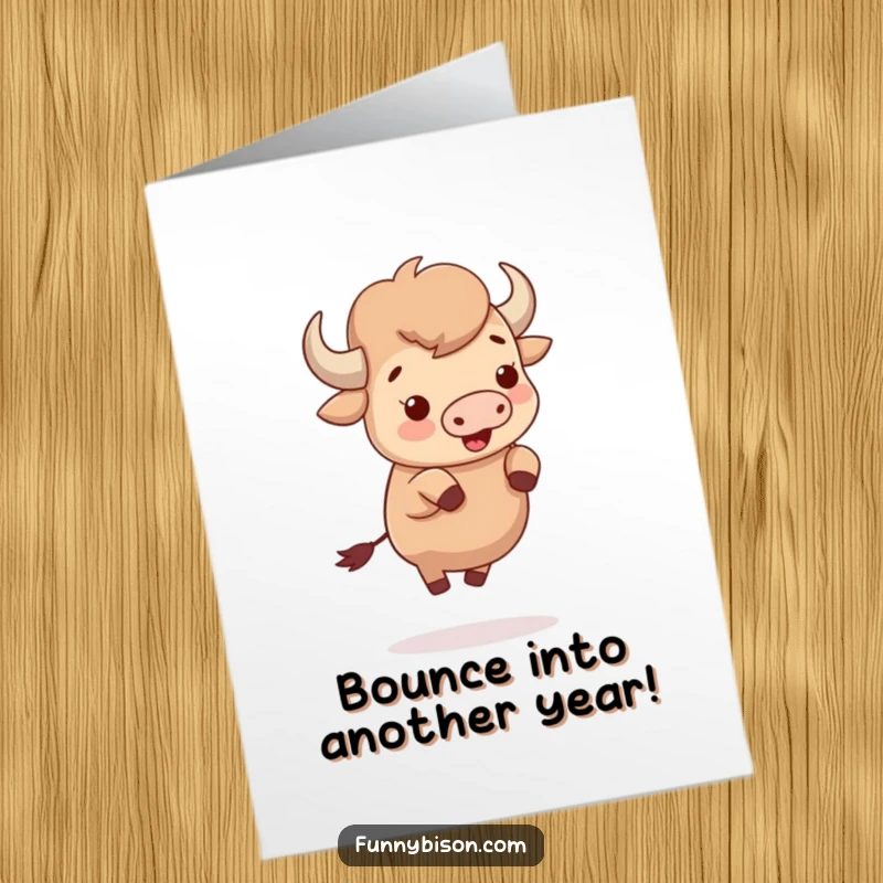 Funny Free Printable Birthday Card: A cute bison joyfully bouncing on its tiny hooves with pure delight.
