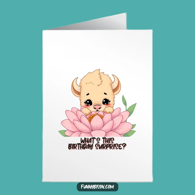 Free Printable Birthday Card: Curious Bison Cub Flower Downloadable Gift