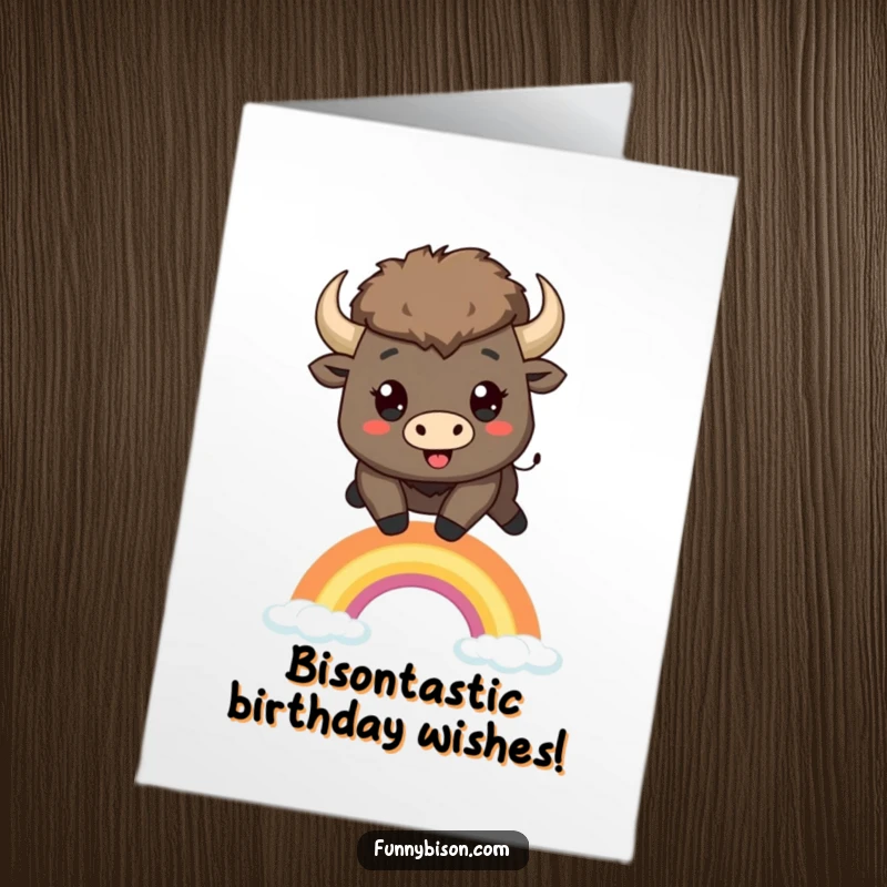 Funny Free Printable Birthday Card featuring a cute Kawaii bison with big eyes jumping joyfully over a colorful rainbow.