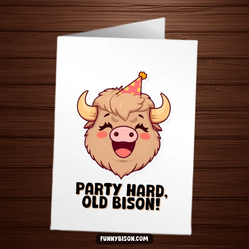 Funny Free Printable Birthday Card featuring a laughing bison wearing a party hat, ready to celebrate with a hearty guffaw. Downloadable and delightful.