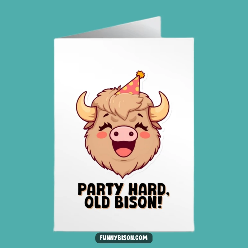 Free Printable Birthday Card: Funny Laughing Bison Party Hat Downloadable Gift