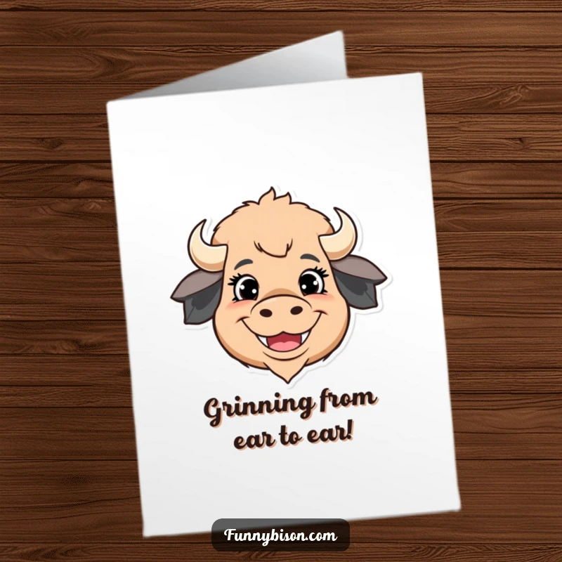 Funny Free Printable Birthday Card showcasing a stylized bison head with bulging happy eyes and a massive grin. Downloadable birthday cheer.
