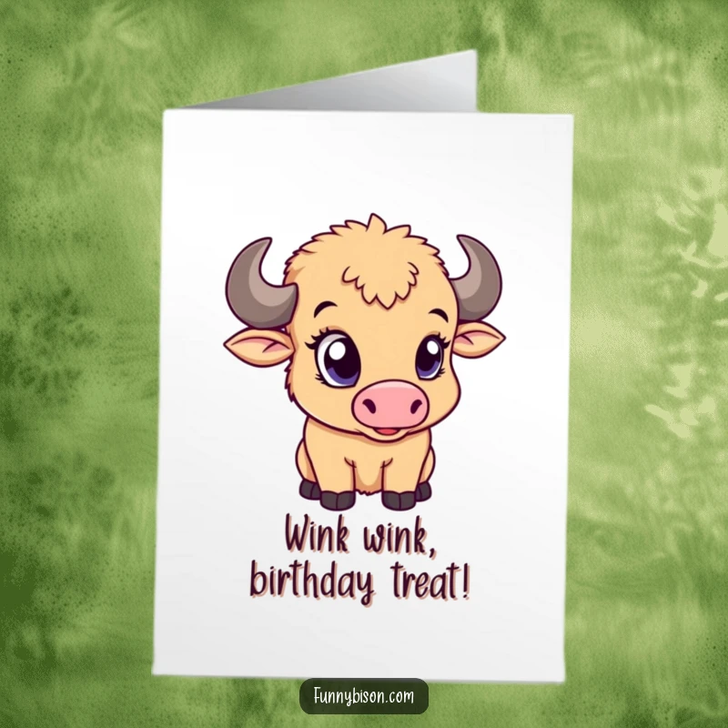 Funny Free Printable Birthday Card featuring a cute bison calf winking playfully with its large eye. A downloadable surprise for their big day.