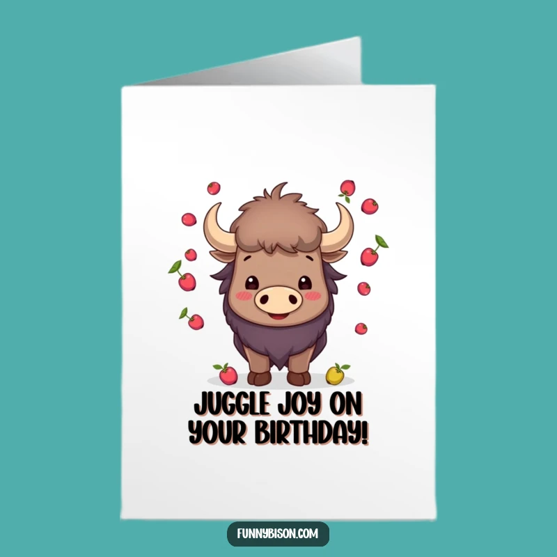 Free Printable Birthday Card: Bison Juggling Berries - Funny Downloadable Gift of Skill