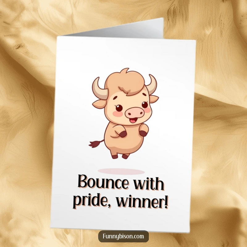 Funny Free Printable Congratulations Card: A cute bison enthusiastically bouncing on small hooves with sheer happiness.