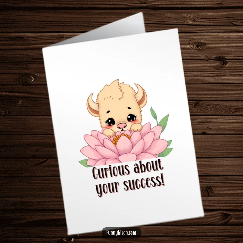Funny Free Printable Congratulations Card showing a bison cub with a curious expression, peeking over a giant flower. Downloadable celebration.