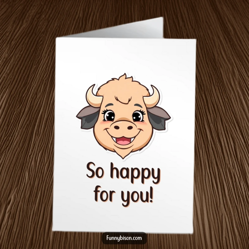 Funny Free Printable Congratulations Card featuring a stylized bison head radiating pure happiness with huge eyes and a wide, infectious grin. Downloadable.