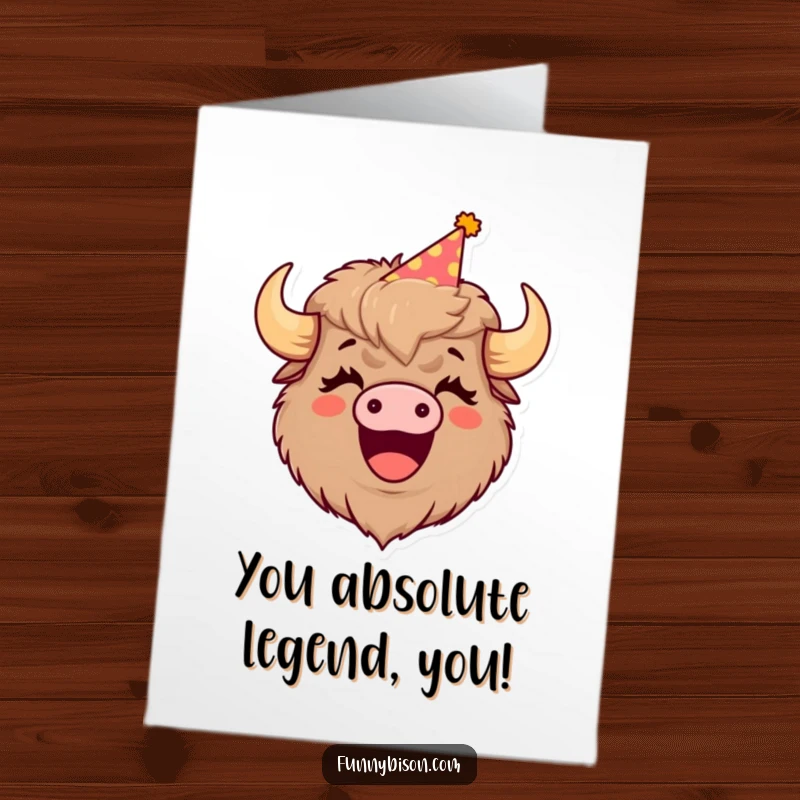 Funny Free Printable Congratulations Card with a bison in a party hat, mouth wide open in a joyous laugh. Perfect for any celebration download.