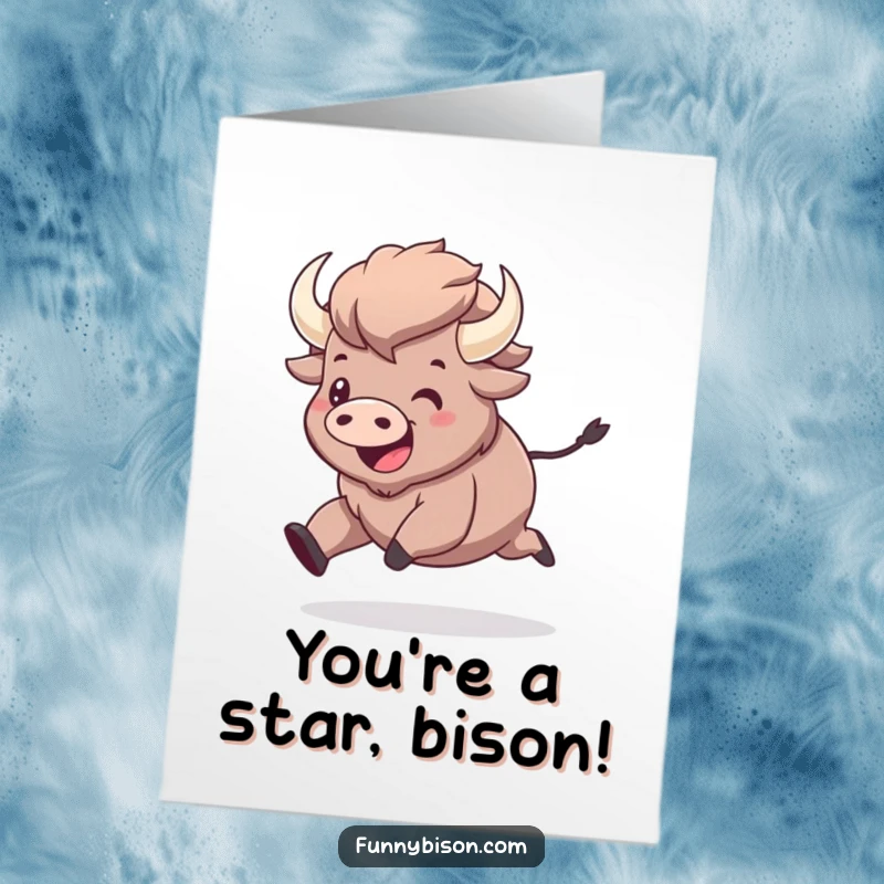 Funny Free Printable Congratulations Card: A kawaii bison prancing with immense joy and big smiles.
