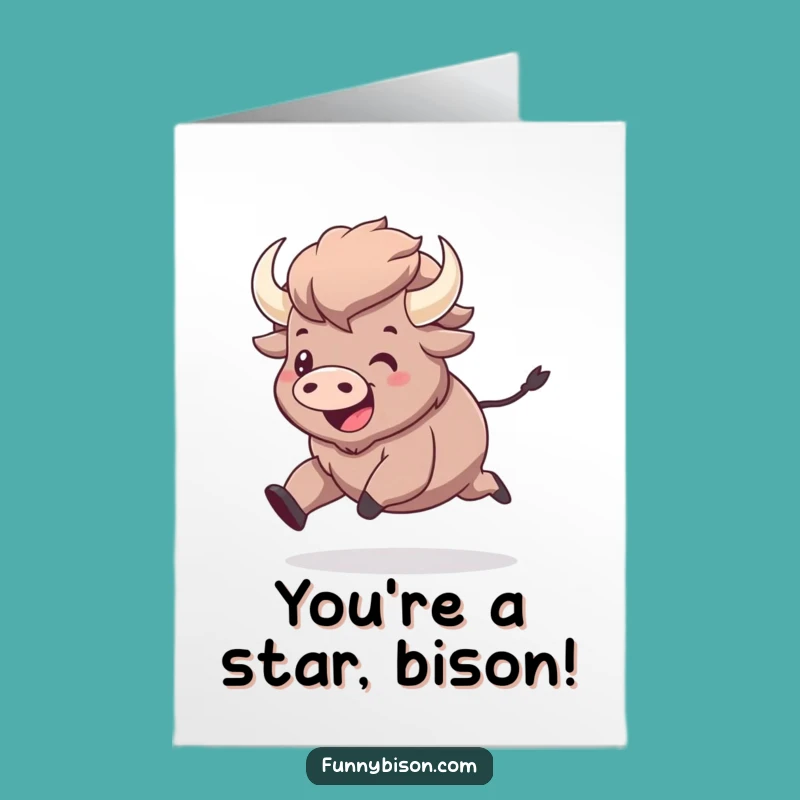 Free Printable Congrats Card: Prancing Kawaii Bison - Funny Downloadable Celebration Gift
