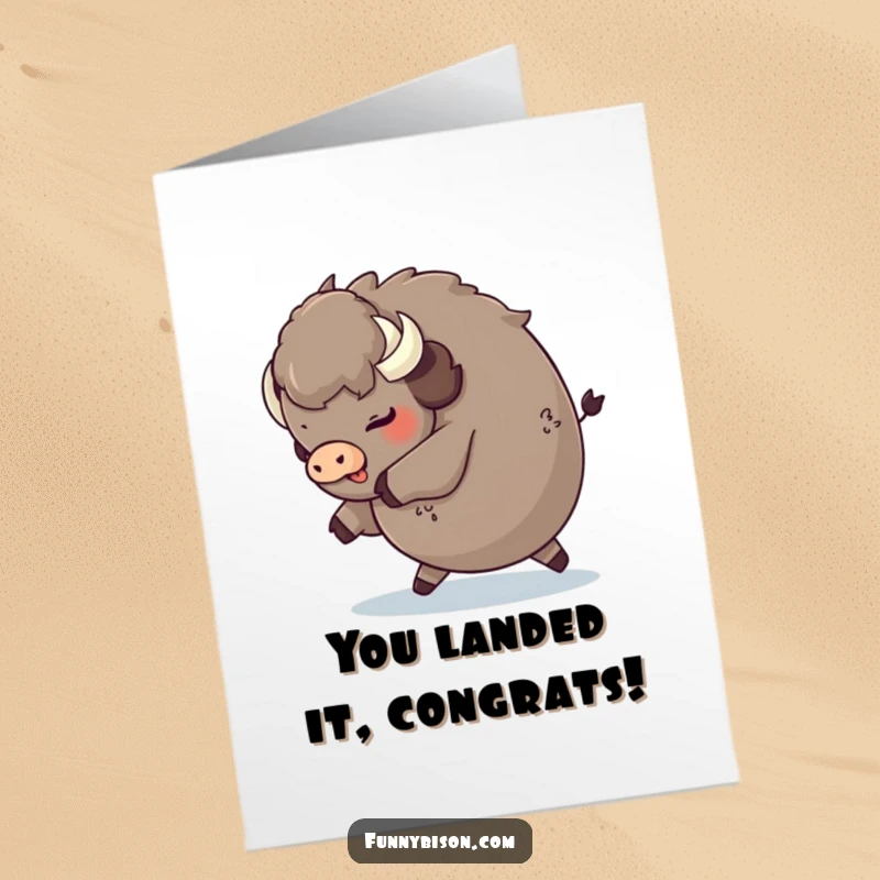 Funny Free Printable Congratulations Card: A round bison in a comical, playful trip landing on its fluffy rear.