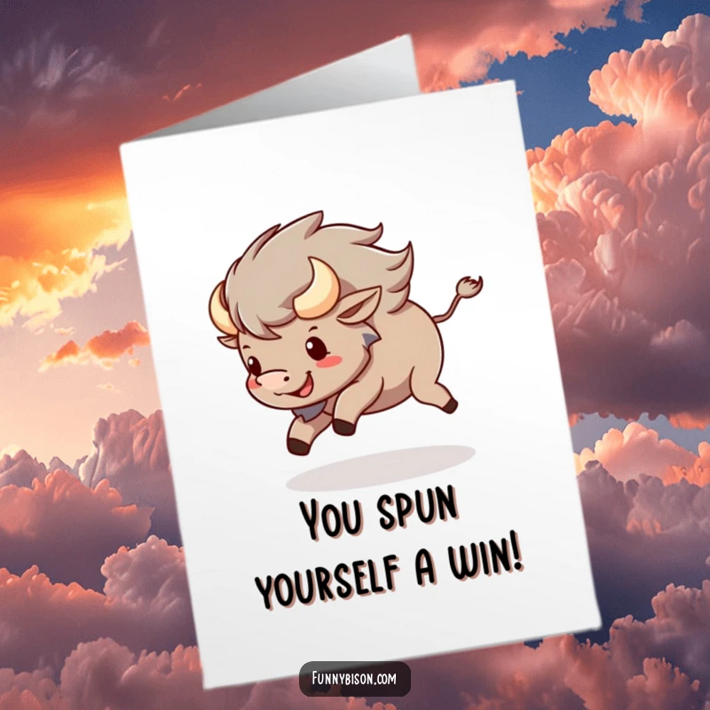 Funny Free Printable Congratulations Card featuring a happy Kawaii bison playfully spinning after its tail, full of excitement.
