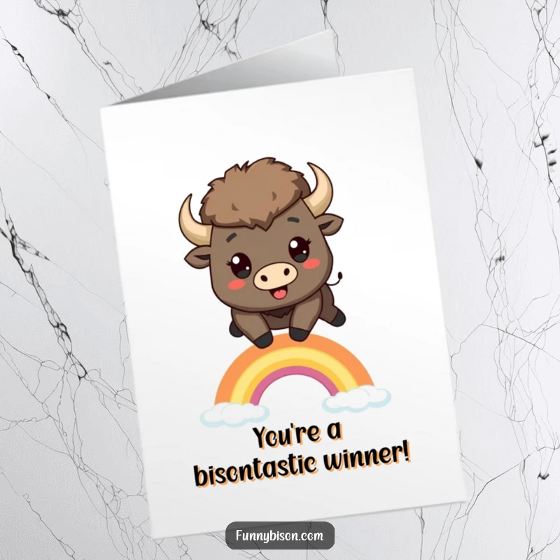 Funny Free Printable Congratulations Card showing a happy Kawaii bison leaping over a rainbow, perfect for any achievement.