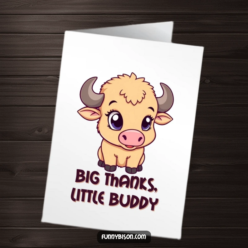 Funny Free Printable Thank You Card featuring a darling bison calf, offering a playful wink with its prominent, cute eye. Downloadable sentiment.