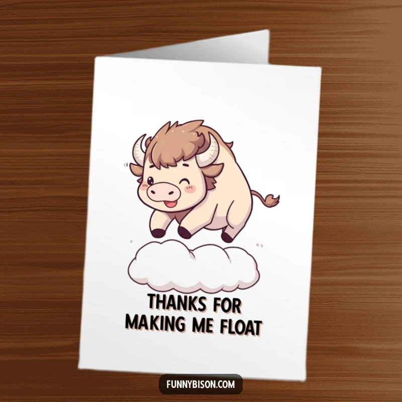 Funny Free Printable Thank You Card shows a joyful Kawaii bison enthusiastically bouncing on a large, soft cloud.