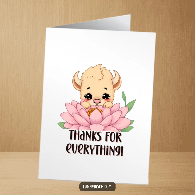Funny Free Printable Thank You Card: a bison cub peeking with curiosity over a big flower. Downloadable gratitude.