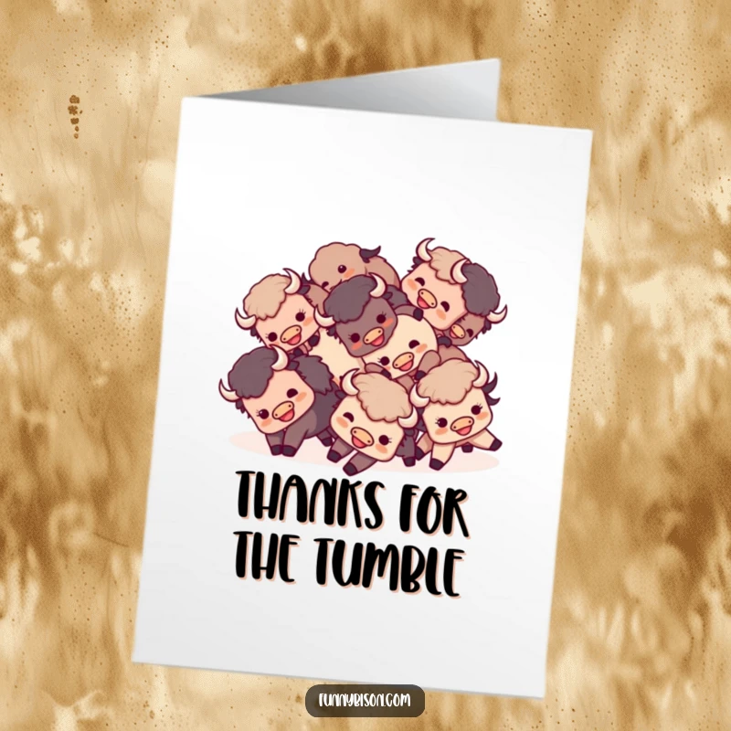 Funny Free Printable Thank You Card shows a happy group of Kawaii bison playfully tumbling together, conveying thanks.