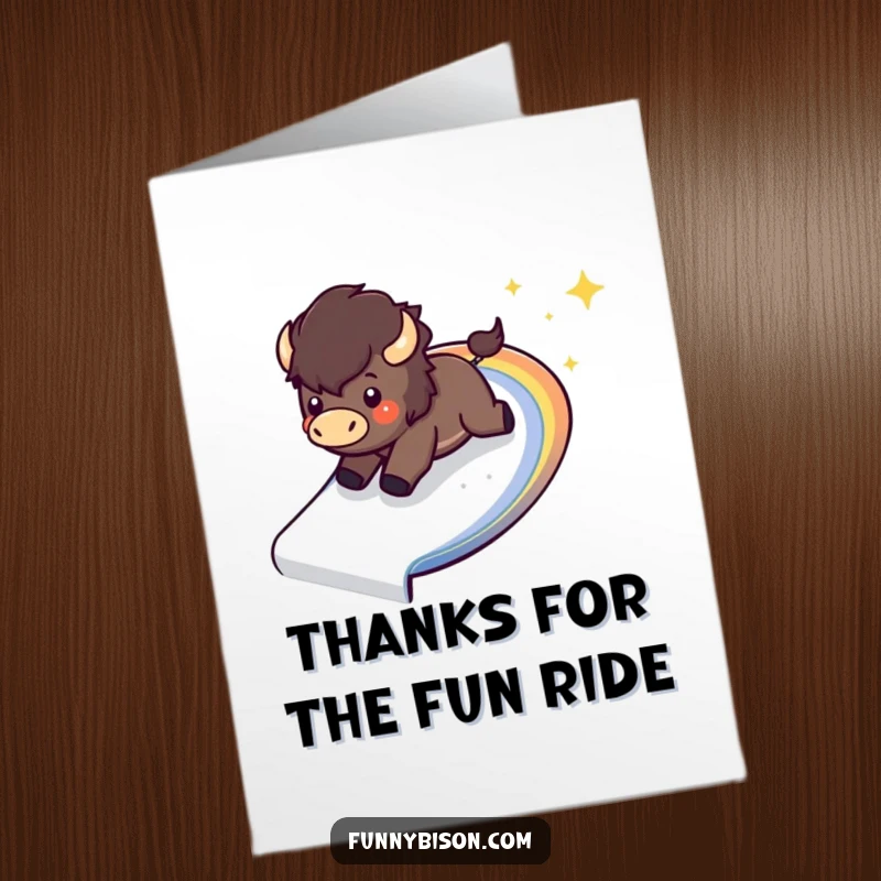 Funny Free Printable Thank You Card shows a delighted Kawaii bison joyfully sliding down a sparkling, curved rainbow.