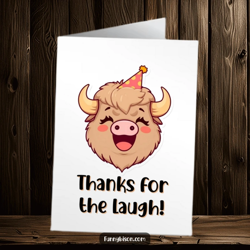 Funny Free Printable Thank You Card showcasing a laughing bison in a party hat, expressing thanks with its joyful mouth open. Downloadable delight.