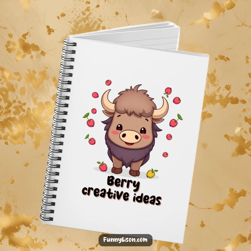 Funny smiling bison juggling small berries with its horns, featured on the cover of this humorous and inspiring notebook.