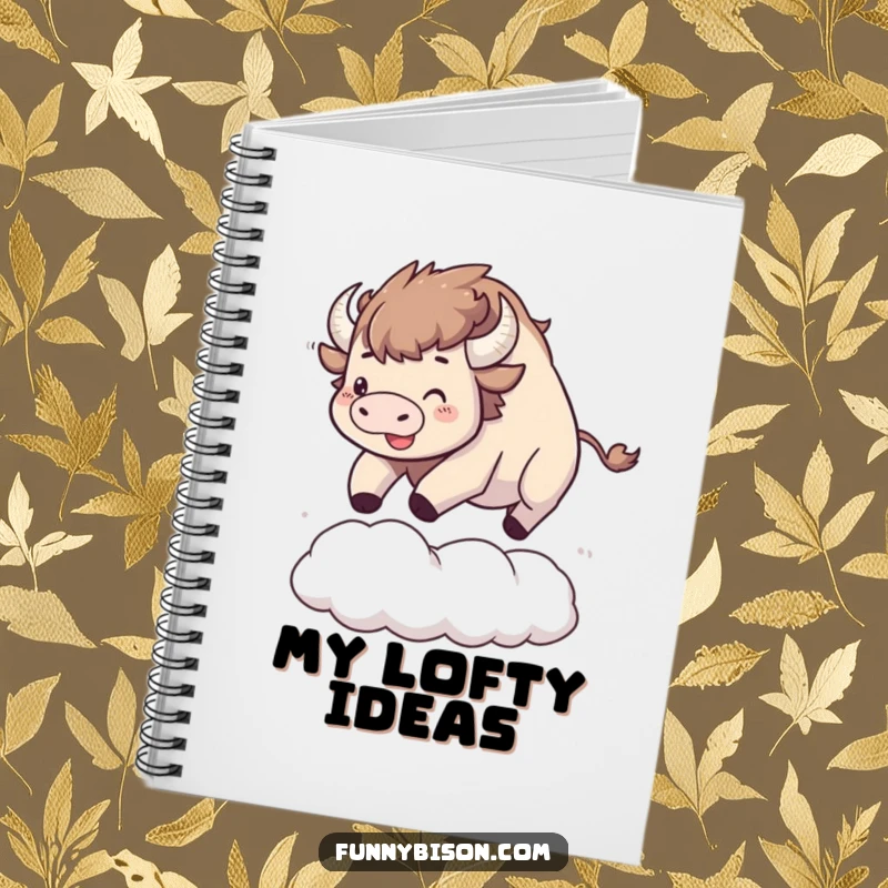 Funny Kawaii bison notebook with a happy bison bouncing on a large, soft cloud, encouraging bright and joyful writing.