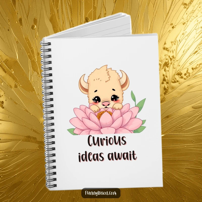 Funny notebook featuring a cute bison cub peeking curiously over a flower, perfect for capturing curious thoughts and ideas.