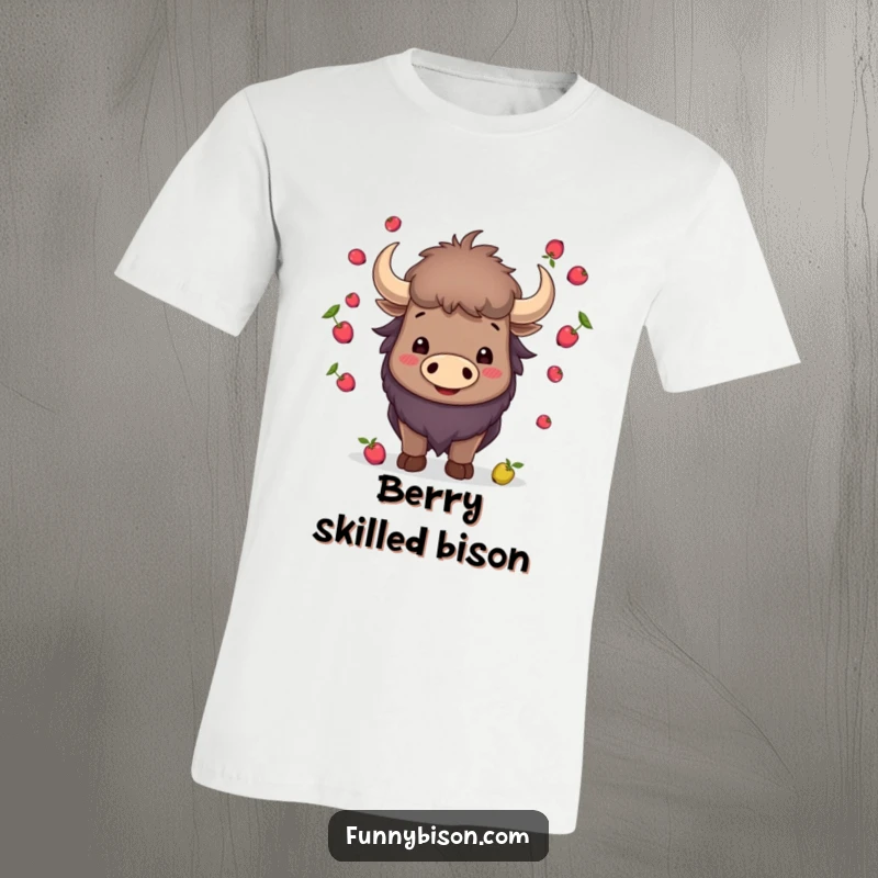 Funny smiling bison skillfully juggling small berries with its horns, depicted on a comfortable and humorous t-shirt.