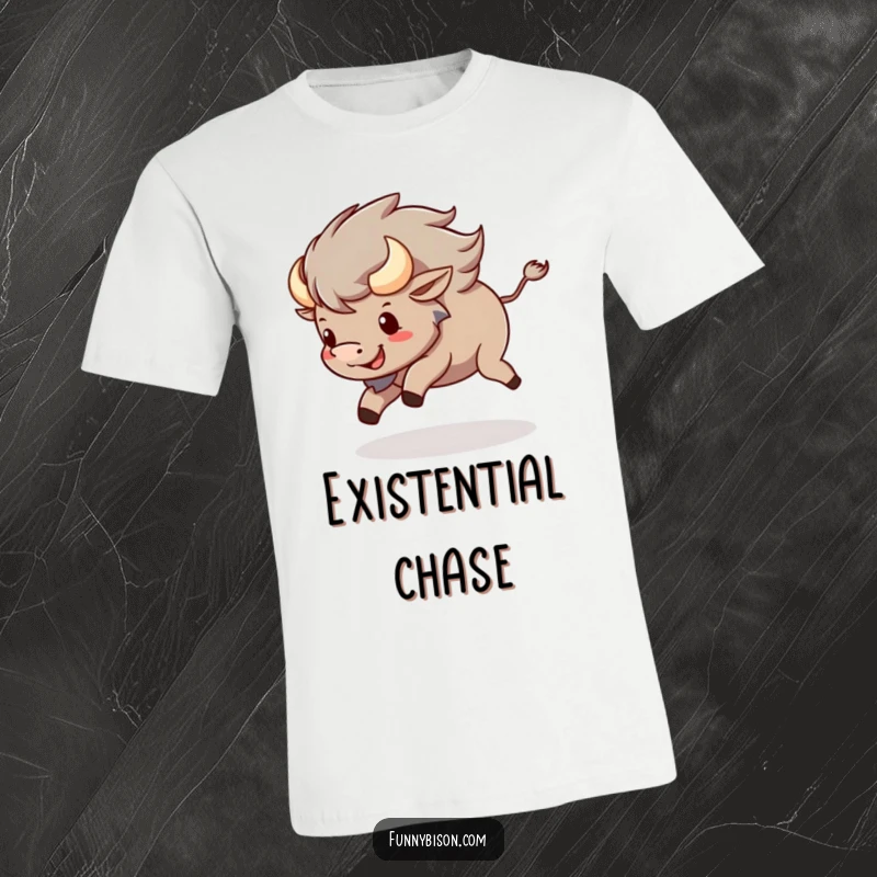 Funny Kawaii bison t-shirt showing a happy bison playfully spinning around, chasing its tail with pure joy.