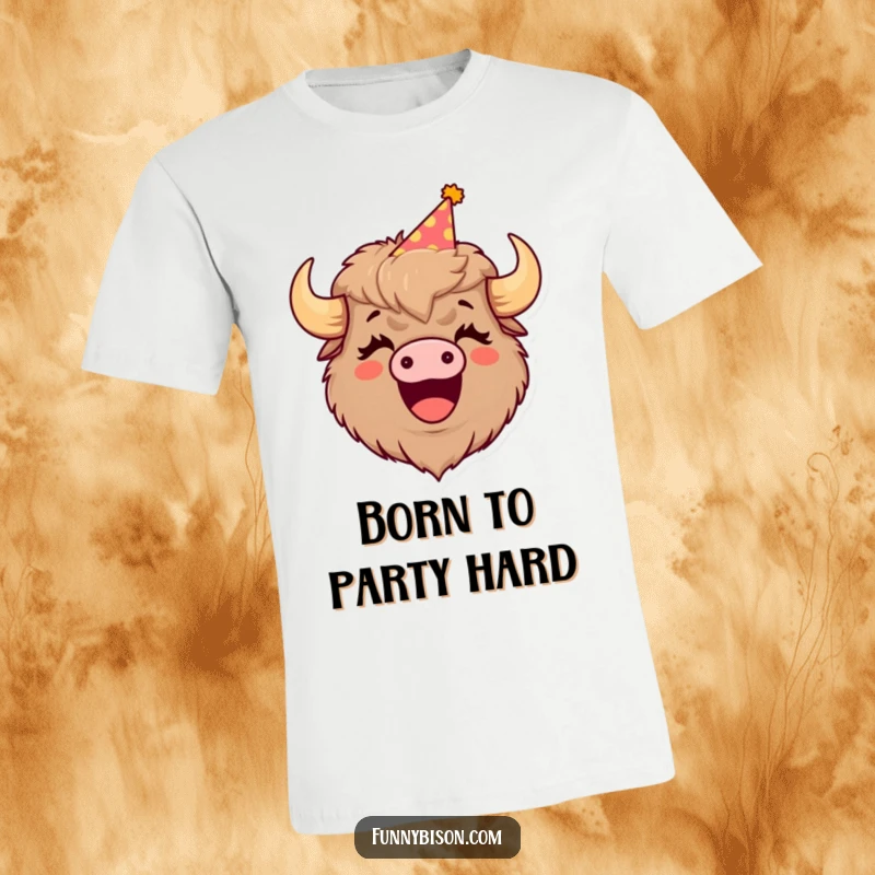 Funny t-shirt showcasing a cute bison wearing a festive party hat, caught mid-laugh with its mouth wide open, radiating pure joy.