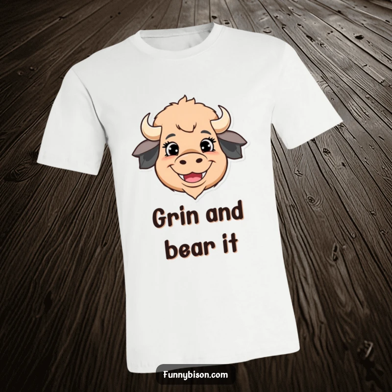 Funny t-shirt showcasing a stylized bison head with exaggerated happy eyes and a wide, beaming grin, embodying pure delight.