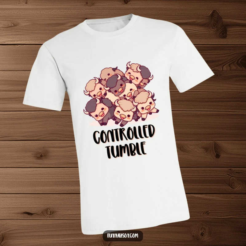 Funny Kawaii bison t-shirt showing a small group of happy bison playfully tumbling and rolling over each other.