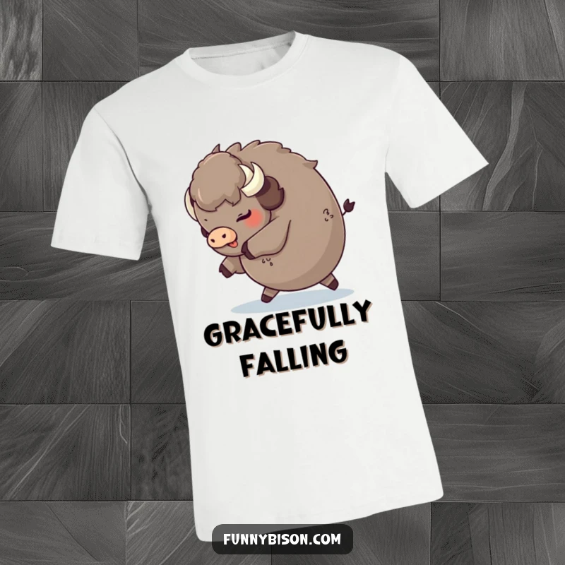 Funny round bison tripping playfully and landing on its fluffy rear, depicted on a comfortable and humorous t-shirt.