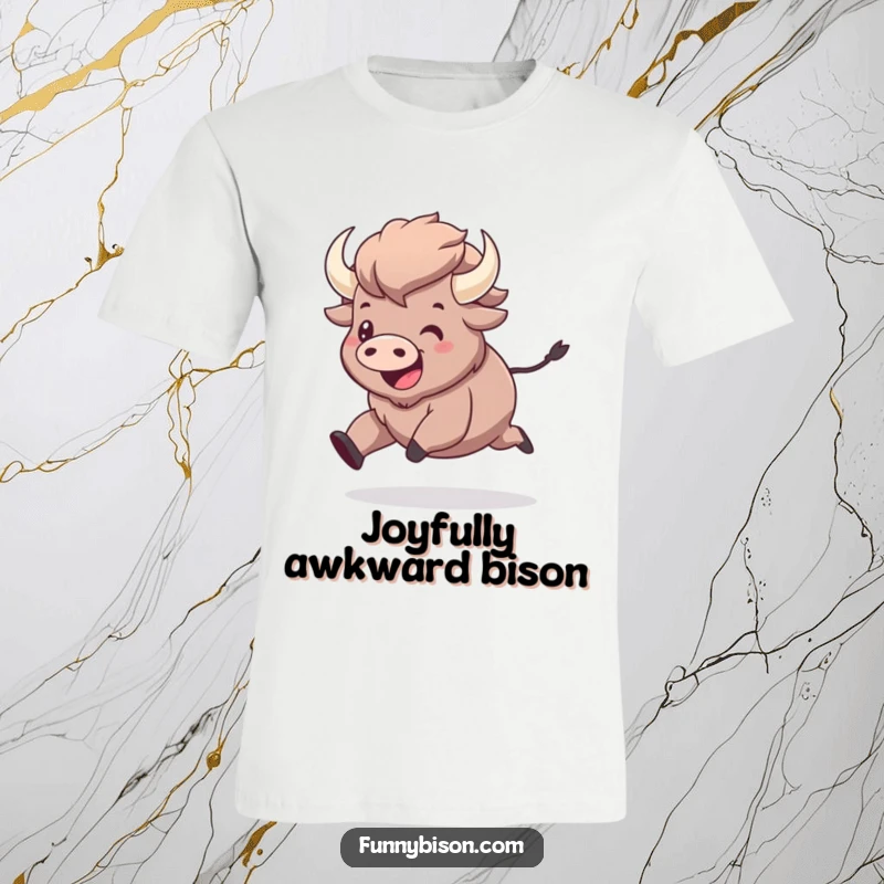 Funny kawaii bison with exaggerated joy, happily prancing in a whimsical cartoon style on this comfortable and hilarious t-shirt.