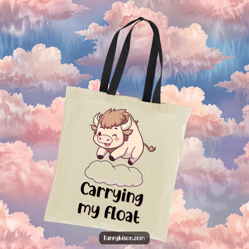 Funny Kawaii bison tote bag featuring a happy bison bouncing high on a large, soft cloud, perfect for daily cheer.