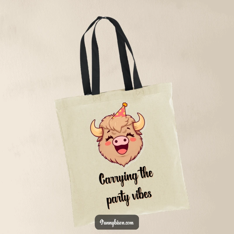 Funny tote bag displaying a cute bison in a party hat, mouth agape in a full-blown laugh, ready to carry your fun.